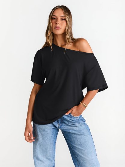 Women's Black Off-The-Shoulder Loose-Fit T-Shirt