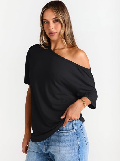 Women's Black Off-The-Shoulder Loose-Fit T-Shirt - Image 3