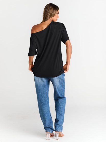 Women's Black Off-The-Shoulder Loose-Fit T-Shirt - Image 2