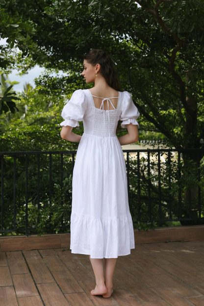 French square neck puff sleeve white dress - Image 5