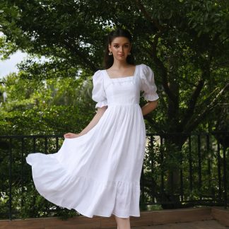 French square neck puff sleeve white dress