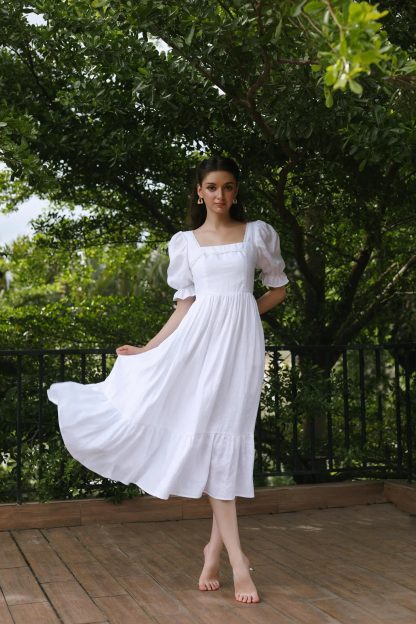 French square neck puff sleeve white dress