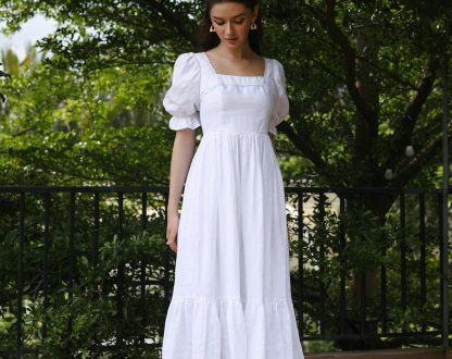 French square neck puff sleeve white dress - Image 3