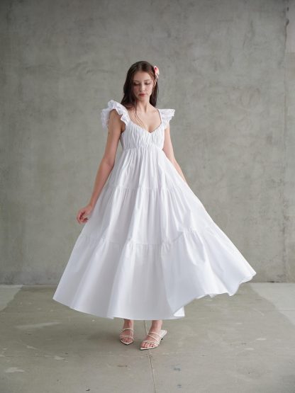 French romantic ruffled V-neck white dress - Image 7