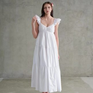 French romantic ruffled V-neck white dress