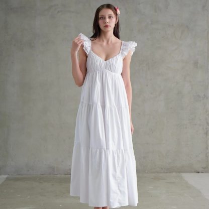 French romantic ruffled V-neck white dress