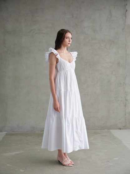 French romantic ruffled V-neck white dress - Image 2