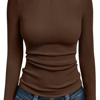 Women's Brown Boat Neck Ribbed Long Sleeve Top