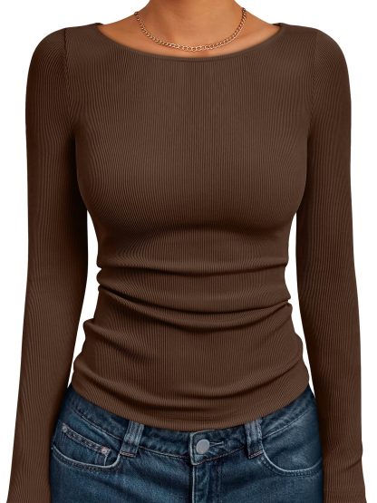 Women's Brown Boat Neck Ribbed Long Sleeve Top
