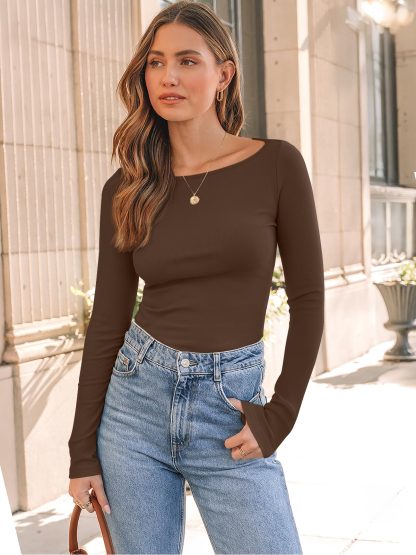Women's Brown Boat Neck Ribbed Long Sleeve Top - Image 4