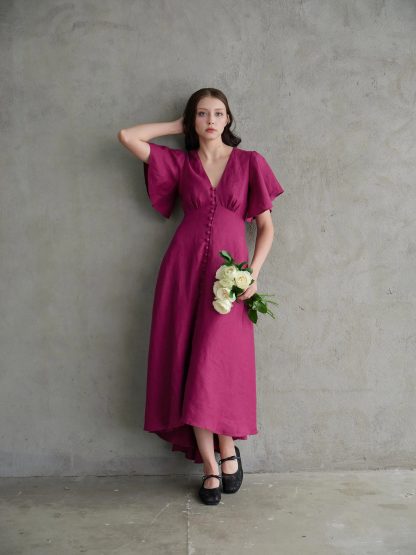 French Deep V Neck Linen Dress - Image 2