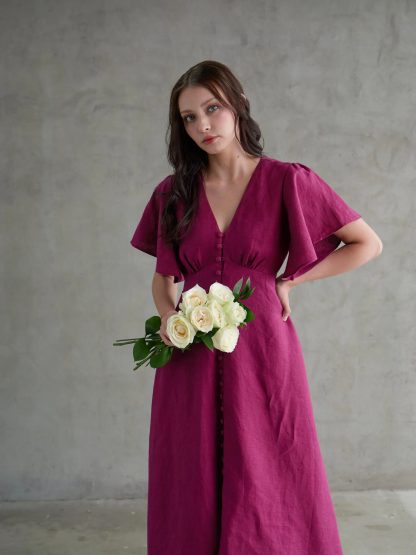 French Deep V Neck Linen Dress - Image 6