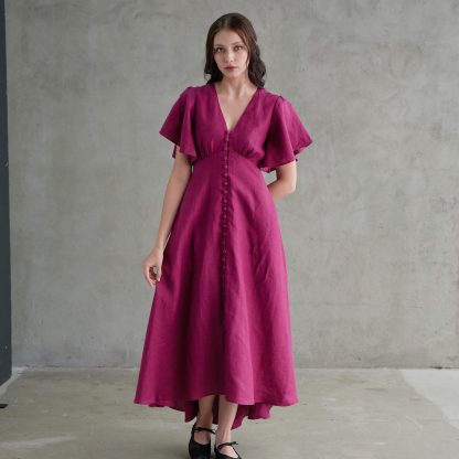 French Deep V Neck Linen Dress