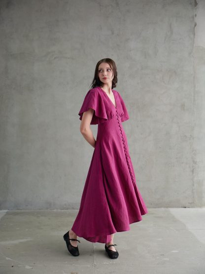 French Deep V Neck Linen Dress - Image 3