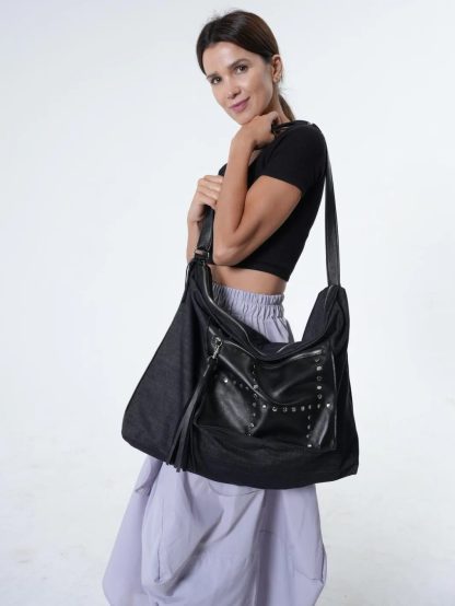 Denim rivet patchwork crossbody bag - Image 2
