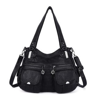 Black punk style double zipper pocket women's bag