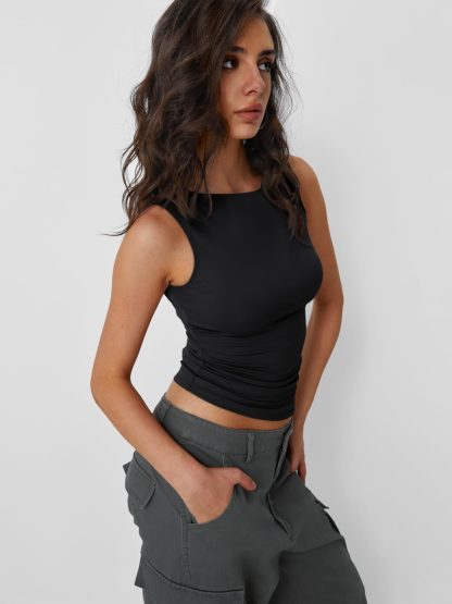 Women's Black Boat Neck Sleeveless Top - Image 4