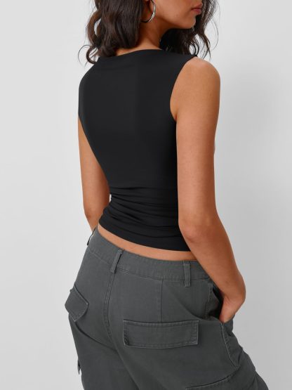 Women's Black Boat Neck Sleeveless Top - Image 3