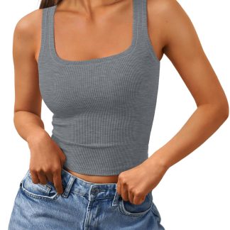 Women's Grey Square Neck Ribbed Sleeveless Top