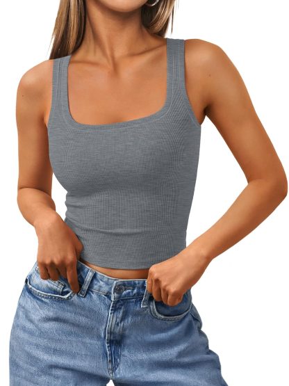Women's Grey Square Neck Ribbed Sleeveless Top