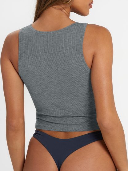 Women's Grey Square Neck Ribbed Sleeveless Top - Image 2