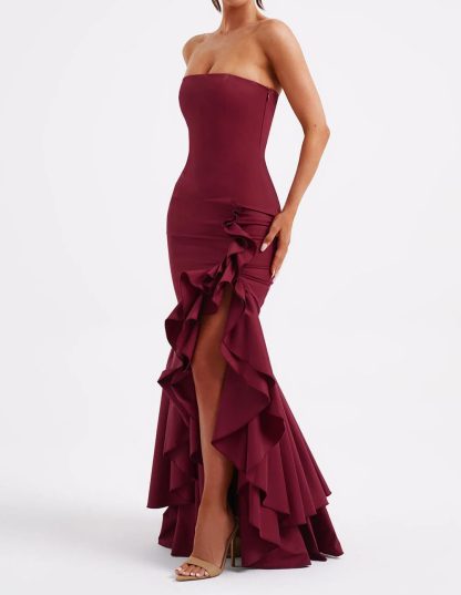 Burgundy tube-top ruffled high-slit fishtail maxi dress - Image 2