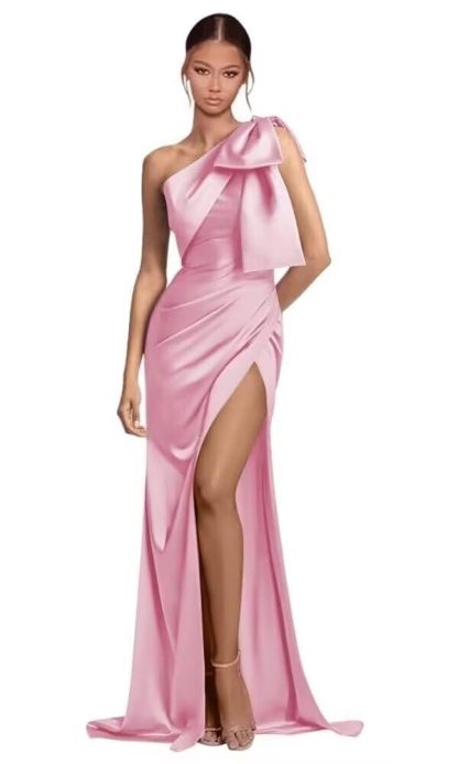 Light purple one-shoulder ruffled high-slit satin long dress with train