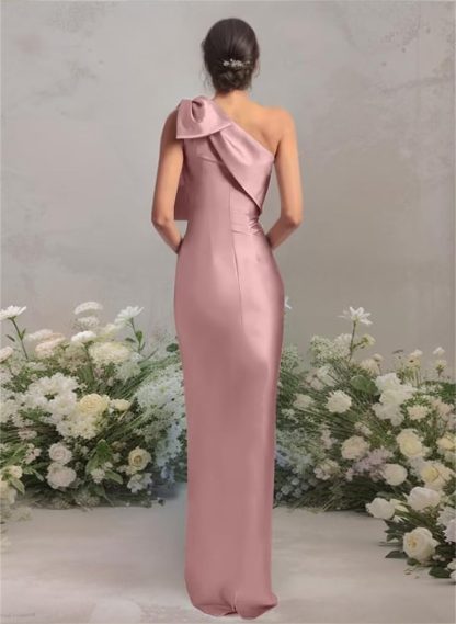 Light purple one-shoulder ruffled high-slit satin long dress with train - Image 3