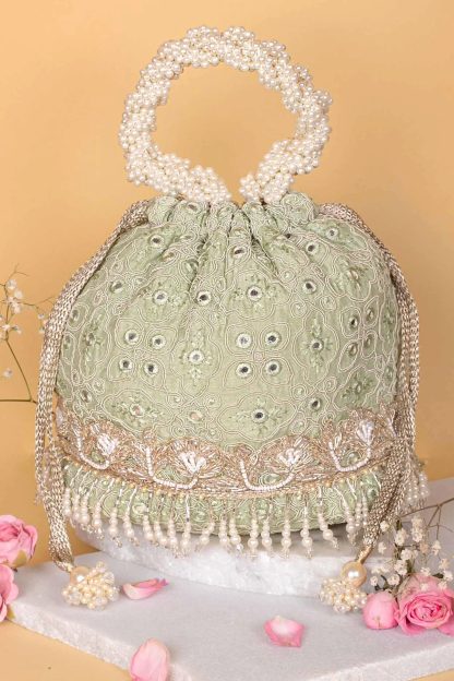 Spring Green Pearl Embroidered Tote Bag