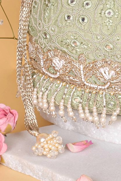 Spring Green Pearl Embroidered Tote Bag - Image 2