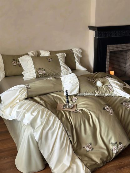 French retro rose embroidered satin bedding set