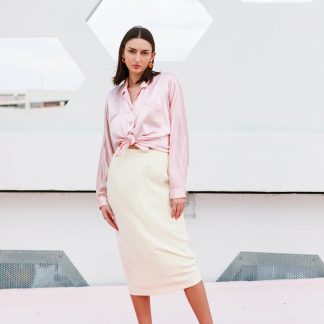 Off-white high-waist straight-tube draped midi skirt