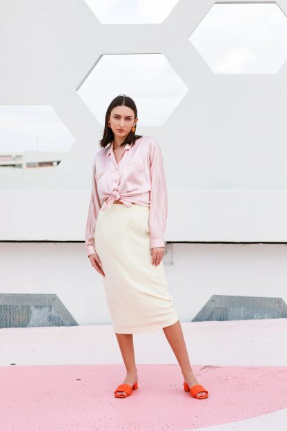 Off-white high-waist straight-tube draped midi skirt