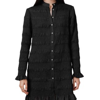 Black Stand Collar Pleated Shirt Dress