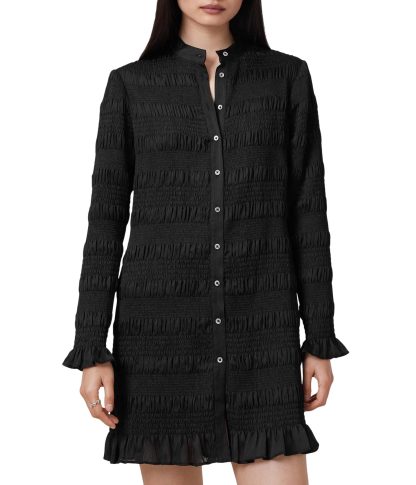 Black Stand Collar Pleated Shirt Dress