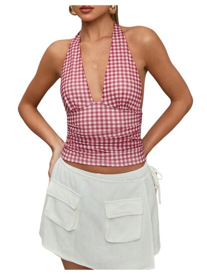 Vintage Plaid Open Back Deep V Slim Tank Top - Image 5