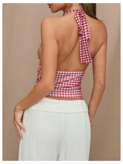 Vintage Plaid Open Back Deep V Slim Tank Top - Image 4