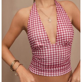 Vintage Plaid Open Back Deep V Slim Tank Top