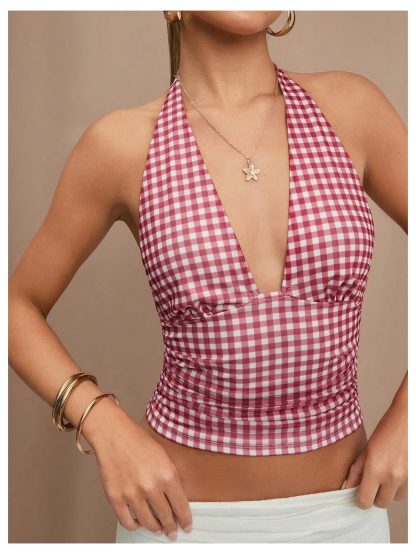 Vintage Plaid Open Back Deep V Slim Tank Top