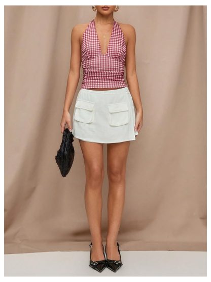 Vintage Plaid Open Back Deep V Slim Tank Top - Image 2