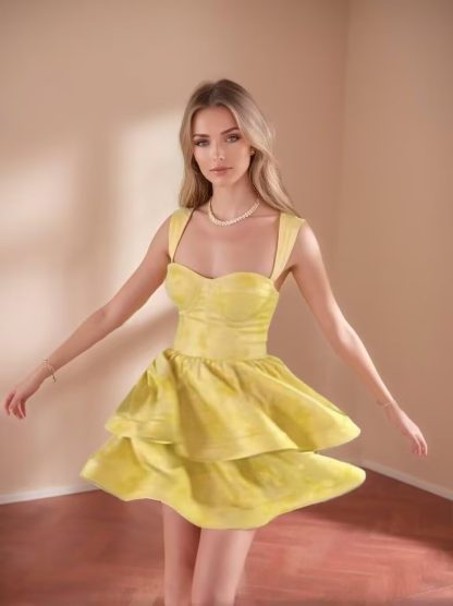 Lemon Yellow Tie-Dye Heart-Shaped Neck Strapless Cake Dress - Image 4