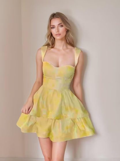 Lemon Yellow Tie-Dye Heart-Shaped Neck Strapless Cake Dress - Image 2