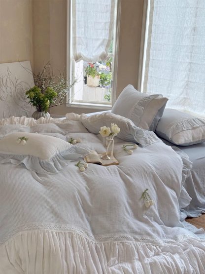 Healing style light blue ruffled bedding four-piece set - Image 4