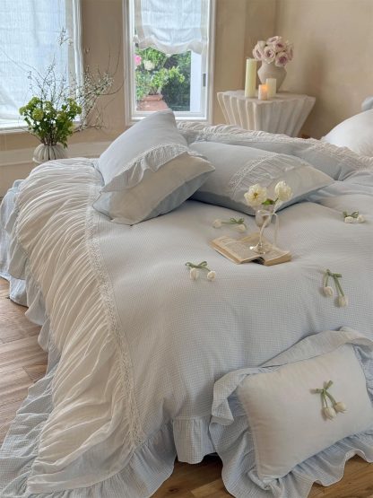 Healing style light blue ruffled bedding four-piece set - Image 3