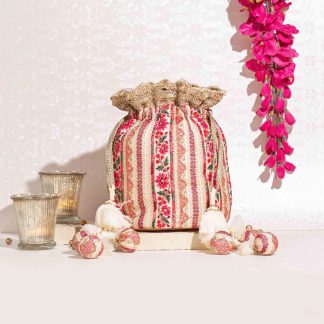 Bohemian embroidered linen drawstring bag