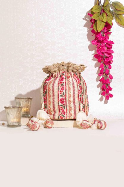 Bohemian embroidered linen drawstring bag