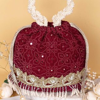 Burgundy velvet pearl embroidered handbag