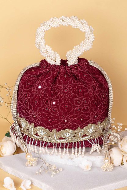 Burgundy velvet pearl embroidered handbag