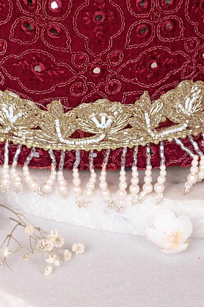 Burgundy velvet pearl embroidered handbag - Image 2
