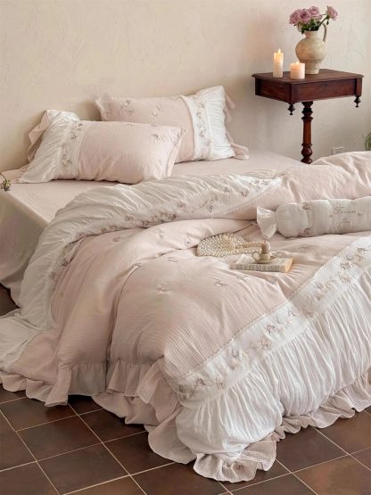 Soft pink embroidered ruffled bedding four-piece set - Image 5